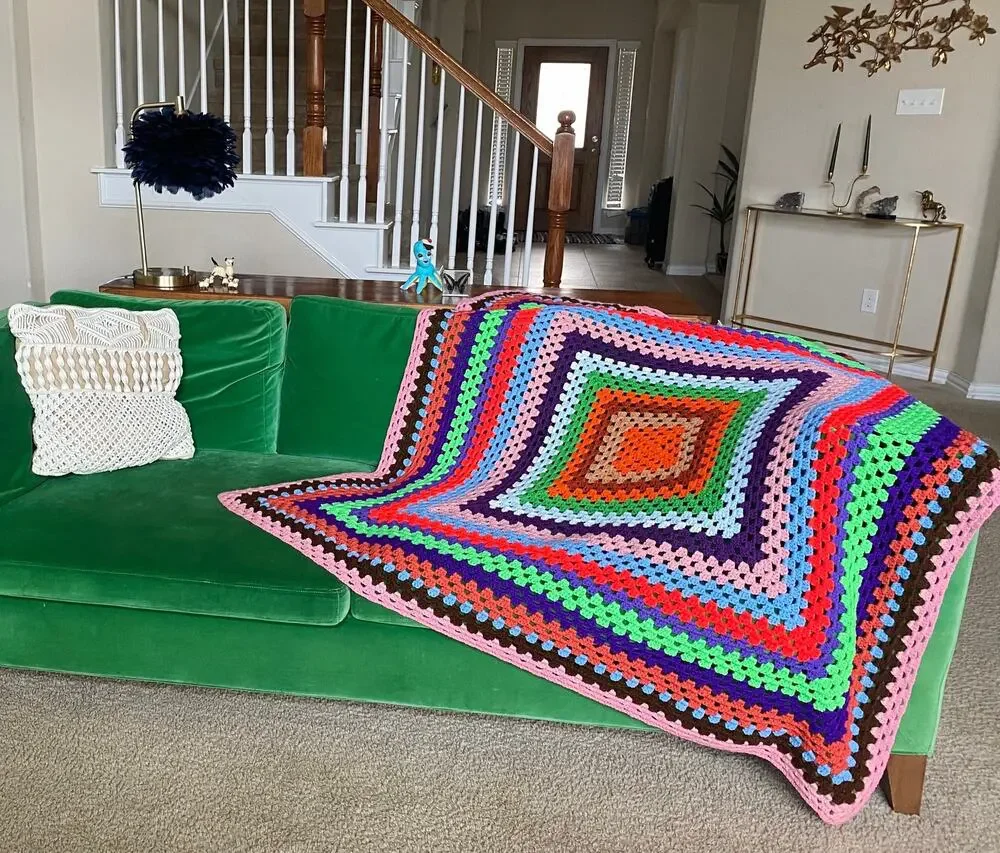vintage 70s RAINBOW Cut Out AFGHAN colorful squares blanket groovy home decor